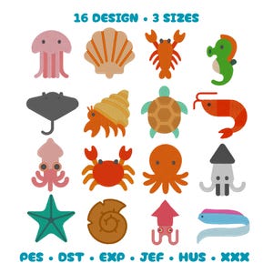 May include: A collection of 16 colorful sea creature designs, including a jellyfish, seahorse, and octopus. The text at the top reads "16 DESIGN • 3 SIZES". The bottom of the image displays file formats: PES, DST, EXP, JEF, HUS, and XXX.