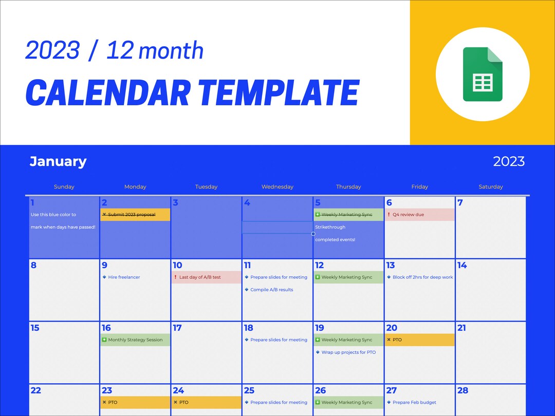 2023 Calendar Template Google Sheets Vibrant Blue Theme Etsy