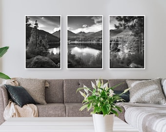 Impresión de la naturaleza de la montaña en blanco y negro, conjunto de 3, arte imprimible del paisaje, arte de la pared de la naturaleza, arte de la pared de la montaña, cartel, descarga digital
