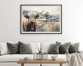 Highland Cow Print, Farm Animal Wall Art, Large Cow Poster, Highland Cow Wall Art, Farmhouse Wall Decor, Digital Download, Nature Photo