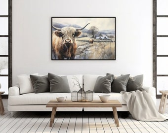 Highland Cow Canvas Wall Art, Farm Animal Wall Art, Highland Cow Wall Art, Farmhouse Wall Decor, Rustic, Country Home Decor - Black Frame