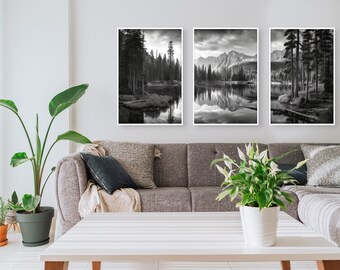 Impresión de la naturaleza de la montaña en blanco y negro, conjunto de 3, arte imprimible del paisaje, arte de la pared de la naturaleza, arte de la pared de la montaña, cartel, descarga digital