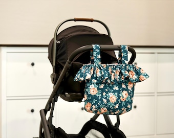 Blue Teal Floral Ruffle Stoller Caddy Bag/ Stroller Caddy/ Stroller Organizer Bag/  Ruffle Stroller Bag / Stroller Organizer