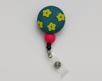 Floral Themed Retractable Badge Reel | Pink, Teal, & Green Floral Design | Wild Flowers | Nursing Badge Reel | Beaded Badge Reel