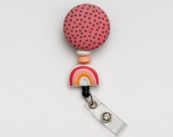 Rainbow Themed Retractable Badge Reel | Pink Polka Dot | Nursing Badge Reel | Beaded Badge Reel