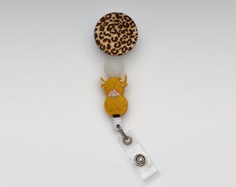 Carrete retráctil para credencial de vaca de las Tierras Altas / Carrete con estampado de leopardo / Carrete de credencial de enfermería / Carrete con cuentas
