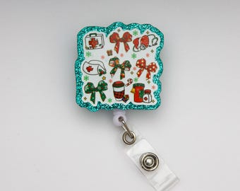 Holiday Badge Reel, Christmas Badge Reel, Bow Badge Reel, Nurse Badge Holder,Retractable Badge Reel, Work Badge, Work ID, Personalized Badge