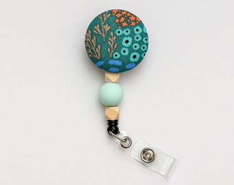 Floral Themed Retractable Badge Reel | Orange, Teal, & Green Floral Design | Wild Flowers | Nursing Badge Reel | Beaded Badge Reel