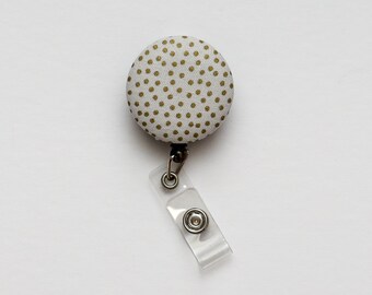 Light Gray and Gold Polka Dot Themed Retractable Badge Reel |  Fabric Badge Reel | Badge Reel | Nursing Badge Reel | Beaded Badge Reel