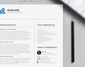 Resume Template, InDesign, Canva, Word, PDF, Modern, Marketing Resume, Clean, Simple, Minimalist Resume Template