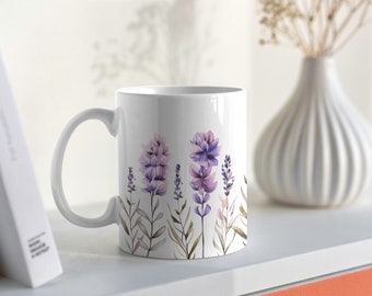 Taza de flores, Flores de lavanda boho, Taza de café Cottagecore, Amante del jardín de flores, Regalo para ella, Taza de té botánica, Naturaleza floral de lavanda