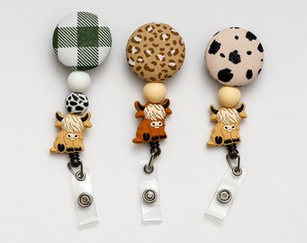 Highland Cow Retractable Badge Reel | Nursing Badge Reel | Beaded Badge Reel