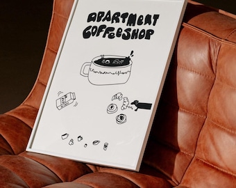 Appartement Coffeeshop Line Art Print, zwart-witte koffie illustratie afdrukbare muurkunst digitale download