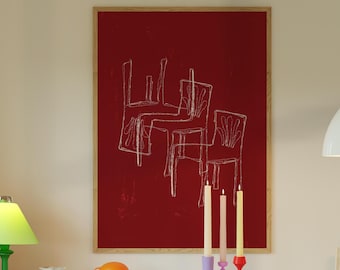 Abstracte plastic stoelposter, rood en wit surrealistisch instant afdrukbare muurkunst, digitale download