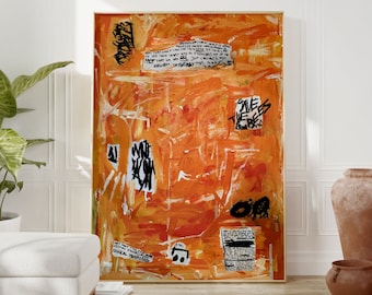 Impresión artística de collage abstracto naranja, obra de arte hecha a mano, arte de pared imprimible, descarga digital