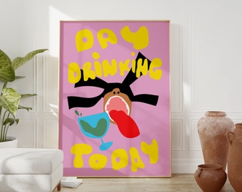 Póster imprimible de bebidas de verano, divertido dibujo animado de cóctel en copa, arte de pared, descarga digital