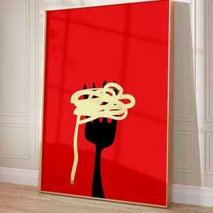 Spaghetti Fork Red Poster, Bold Colorful Minimal Pasta Kitchen Printable Wall Art Digital Download
