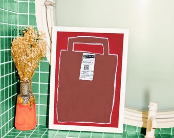 Kunstwerk retro bezorgtas voor afhalen, etensbewijs popart afdrukbare muurkunst digitale download