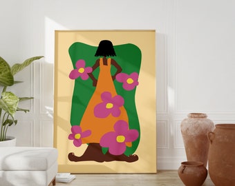 Impresión artística de chica retro con flores, arte de pared imprimible bohemio de los años 70, descarga digital