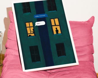 Retro tekstbericht kunstprint, modern gebouw groen raam afdrukbare muurkunst digitale download