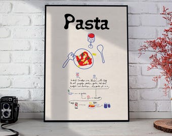 Pastarecept illustratie print, Italiaans diner keuken afdrukbare muurkunst digitale download