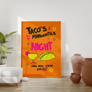 Retro Wall Art, Taco Margarita art print, Retro Food Print, Trendy Wall Art, Check Print, Dorm Room Decor, Aesthetic Wall Art, Digital Print