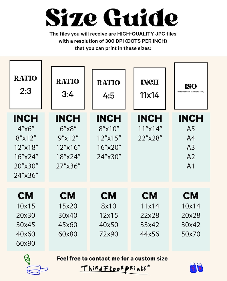 May include: A size guide for printable art prints, showing different aspect ratios and corresponding inch and centimeter measurements. The guide includes standard ISO paper sizes.