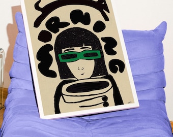Retro Morning Art Print, Woman with Coffee and Dog (Digital Print)
