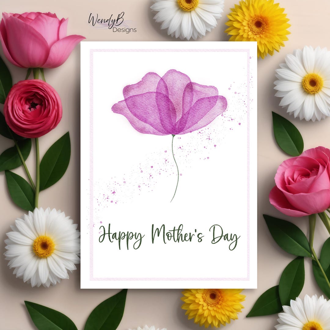 Watercolor Pink Flower Mother's Day Card Bundle | Minimalist Elegant ...