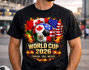 Diseño de camiseta imprimible para el Mundial 2026 con banderas de Canadá, EE. UU. y México. Archivo digital para aficionados al fútbol.