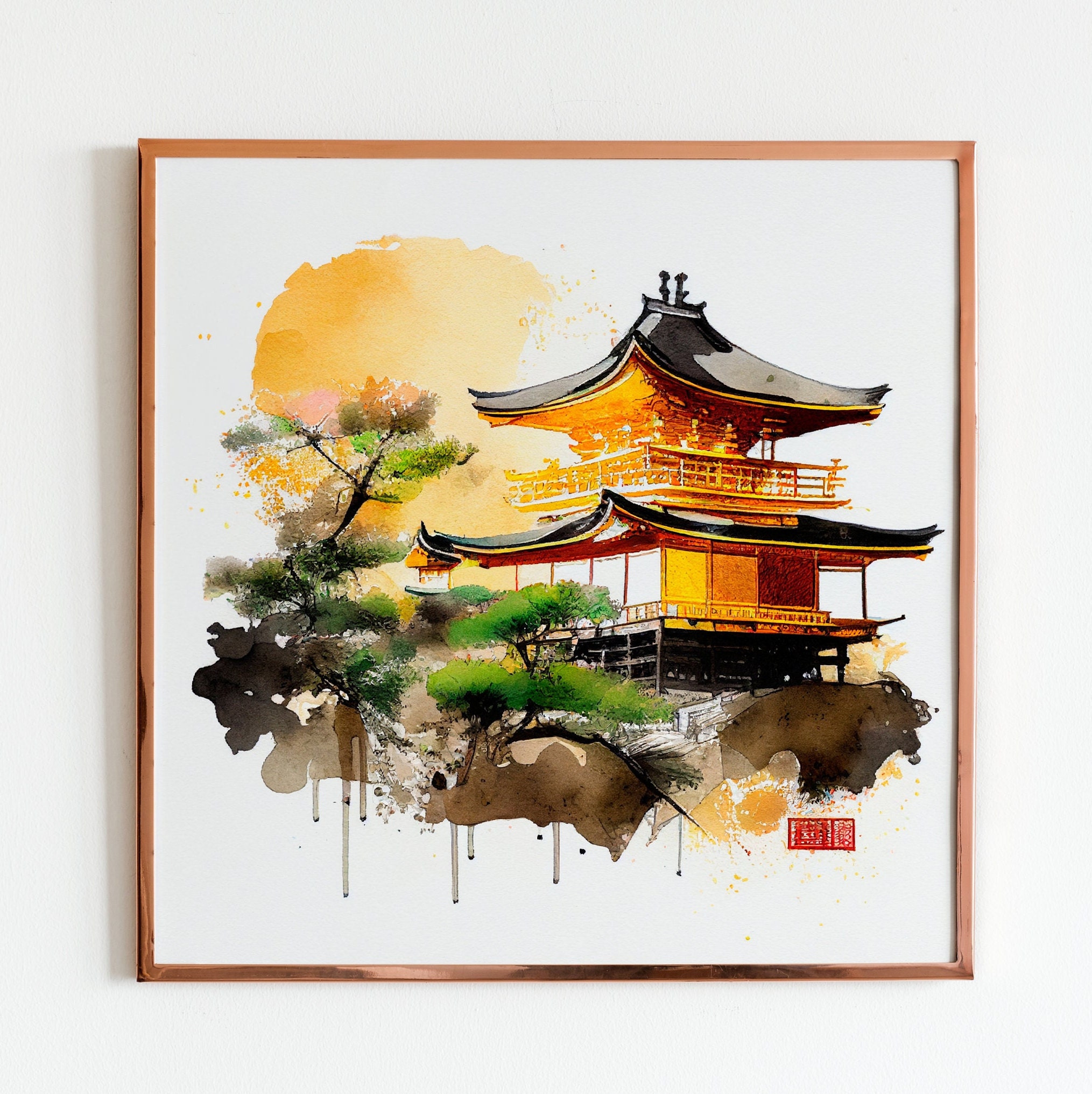 根本寺 額装版画 Keiko Komatsu サイン入り 寺院風景 レトロ Traditional Japanese Buddhist Golden Pavilion Wall Art for Zen