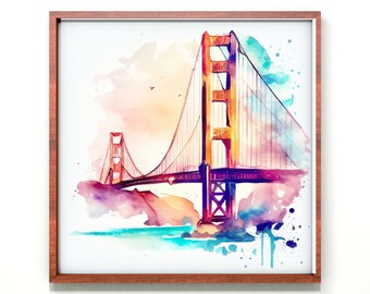 Póster de arte de viaje del puente Golden Gate, colorido paisaje urbano de California, punto de referencia icónico de San Francisco en decoración moderna de la habitación con acuarela