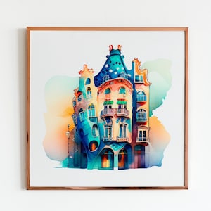 Casa Batllo Barcelona Iconic Tourist Attraction Colorful Watercolor Print Illustration Of The Landmark Cityscape for Wall Decor & Memories