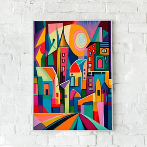 Colorful geometric cityscape abstracts art Cubism cityscape painting geometric abstract painting colorful abstract painting