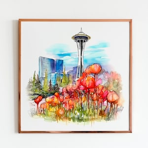 May include: A watercolor painting of the Space Needle in Seattle, Washington. The Space Needle is surrounded by red flowers and green trees. The painting is framed in a copper-colored frame.