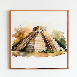 Vibrante cartel de acuarela de Chichén Itzá, antigua civilización maya, arte mural, pinturas de acuarela de ruinas mayas en México, destino de viaje