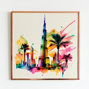 Artistic Burj Khalifa Travel Poster Dubai Cityscape modern watercolor painting Skyline Gift  for travel lover&#39;s home decor