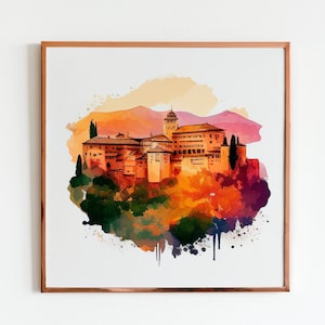 Alhambra in Granada Travel Poster Spain Cityscape Art Print with Modern Watercolor Wall Decor for Travel Destination Enthusiasts