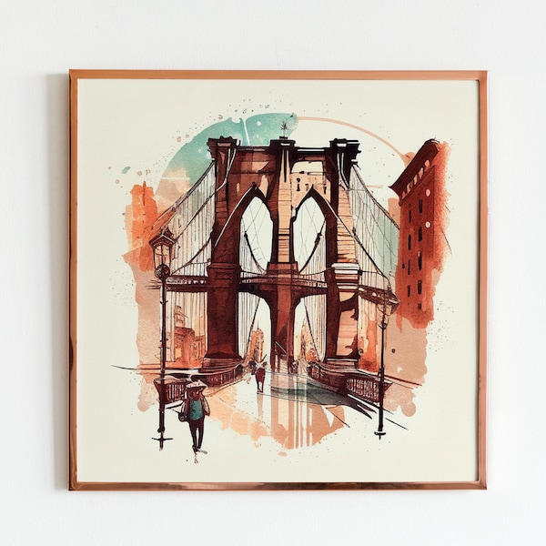 Brooklyn Bridge Retro New York City Travel Poster Wall Art Print Creative Wall Decor Watercolor NYC Cityscape Creative Wall Decor