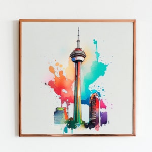 May include: A watercolor painting of the CN Tower in Toronto, Canada. The tower is depicted in a vibrant blue, green, orange, and red color palette. The painting is framed in a copper-colored frame.