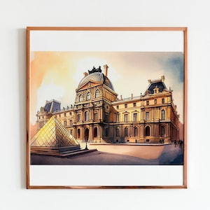 El Museo Lourve de París, paisaje urbano moderno, impresión artística de los lugares emblemáticos, perfecto como recuerdo de viaje o arte de pared para el hogar y la oficina