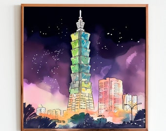 Dazzling Taipei Cityscape Travel Poster featuring Taipei 101 Tower Asian Culture Print with Taipei City Iconic Landmark for Asia Trip Gift