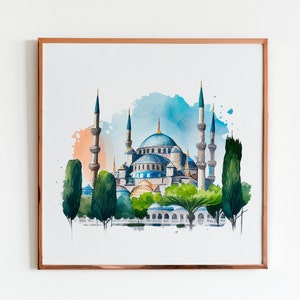 Magnificent Islamic Art of Blue Mosque in Istanbul Watercolor Art Print Travel Poster of Iconic Landmark Modern Cityscape Travel Art Gift