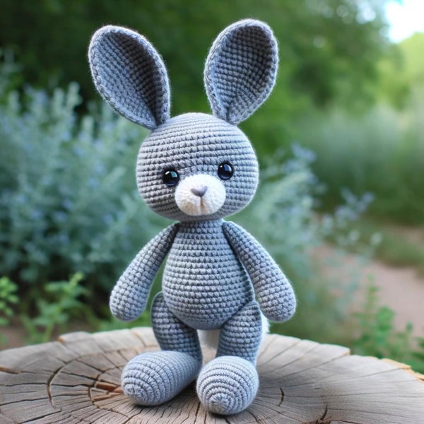 10-Inch Bunny Amigurumi Crochet Pattern - Intermediate DIY Stuffed Bunny Toy PDF - Soft Gray Rabbit with Charming Details