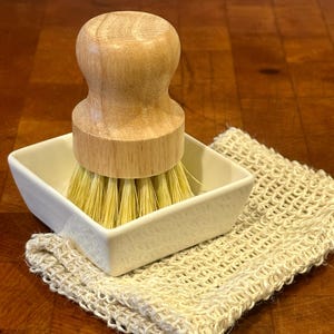 Bamboo Scrub Brush, Porcelain Soap Dish, Sisal Soap Saver Bag, Wood Soap Dish