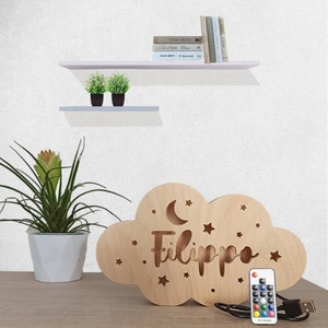 Laser cut wooden cloud lamp with multicolored led and personalized name, original gift. Handmade product