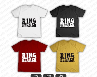 Könnte beinhalten: Vier T-Shirts mit dem Text "Ring Bearer" in einer Retro-Schrift. Die Shirts sind weiß, schwarz, rot und gelb.