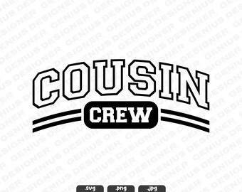Könnte beinhalten: Schwarz-weißes Grafikdesign mit dem Text "COUSIN CREW" in fetter, weißer Schrift. Der Text ist gewölbt und hat einen doppelten schwarzen Streifen darunter.
