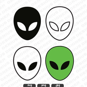 Könnte beinhalten: Vier Variationen eines Alien-Kopf-Icons. Die Icons sind in Schwarz, Weiß, Grün und als Umriss dargestellt. Der Alien-Kopf ist ein einfaches Design mit einem abgerundeten Kopf, zwei Augen und einem Mund.
