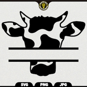 May include: Black and white silhouette of a cow's head with a blank space for text underneath. The cow has a spotted pattern.